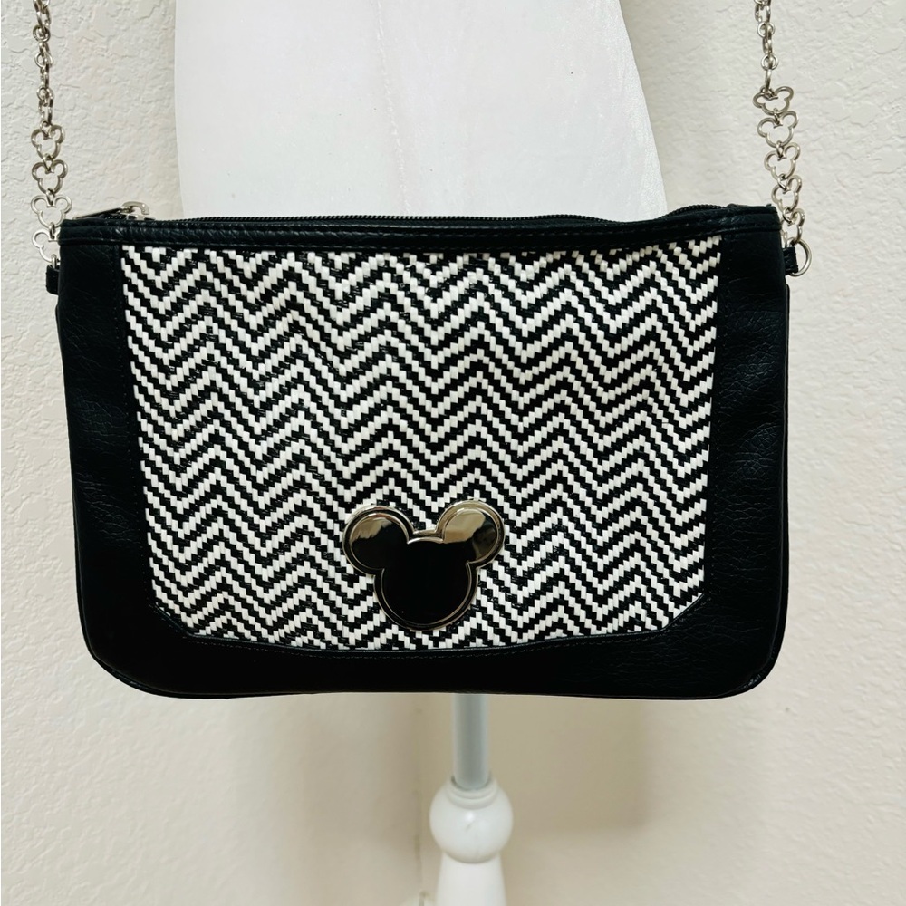 Chic Black and White Crossbody Bag with Iconic Mickey Mouse Emblem